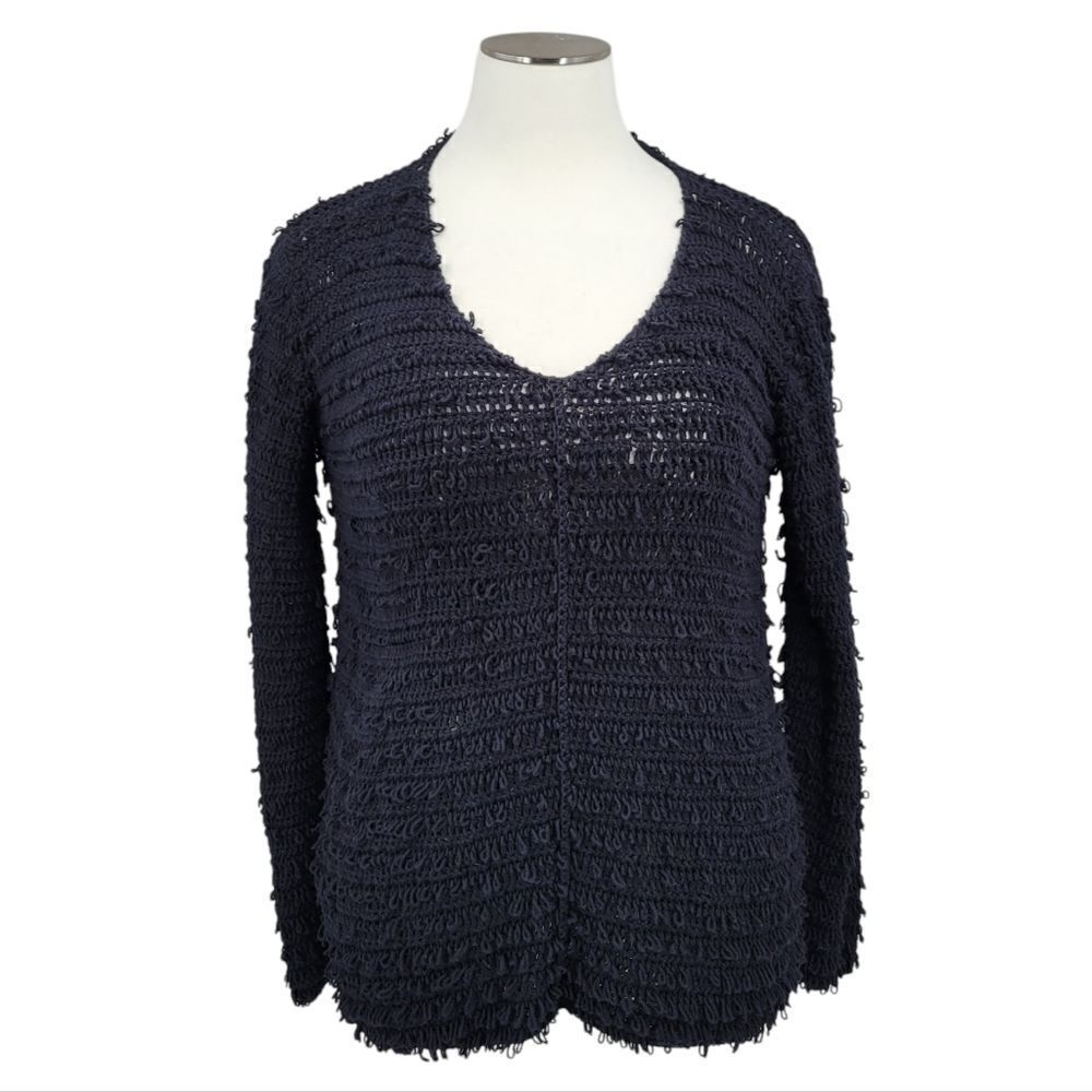 Pure Handknit Black Cotton Loopy Knit Vneck Oversized Sweater